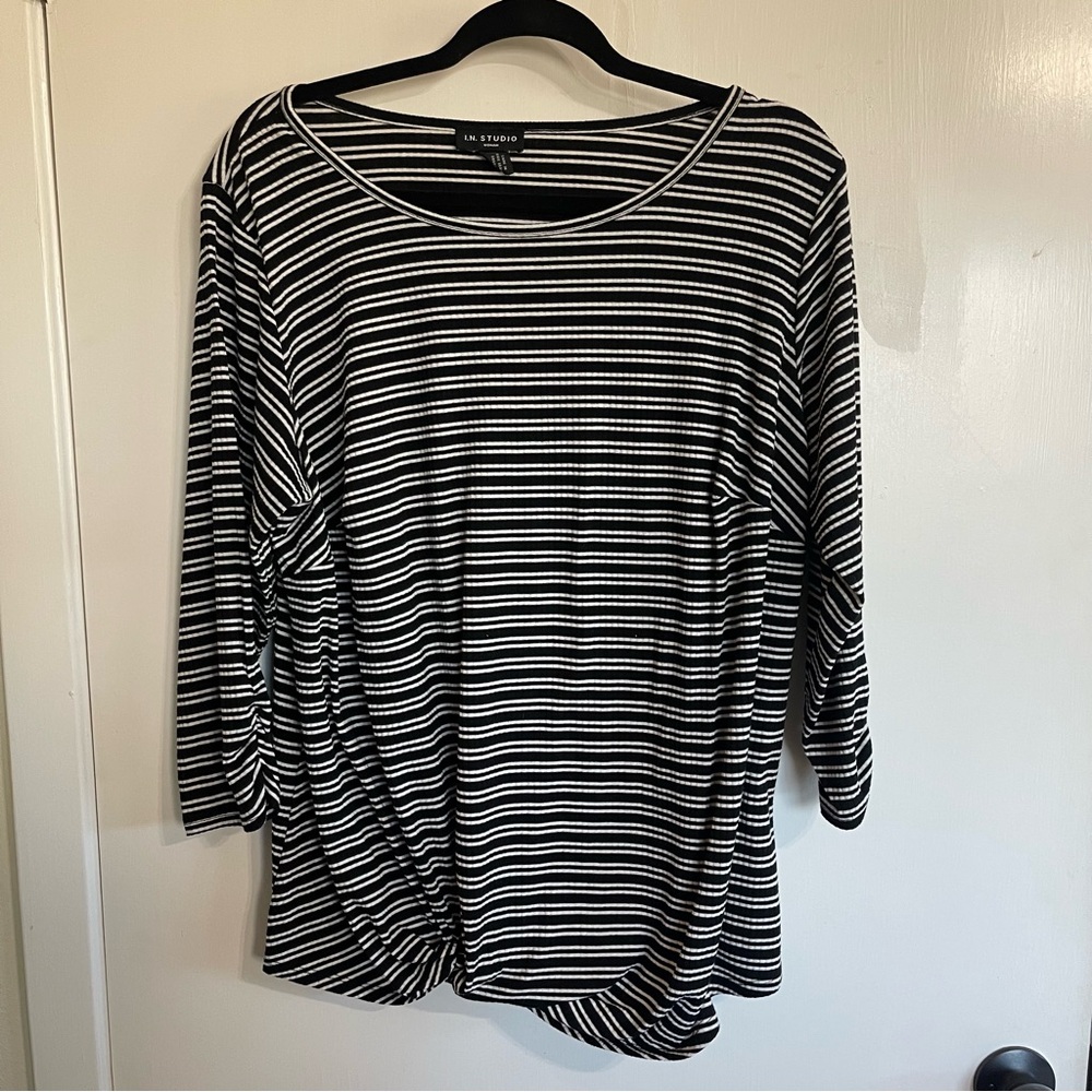 I.N Studio Black and White Striped 3/4 Sleeve Top Knot Front Size 1X
